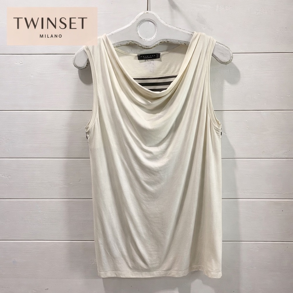TWIN-SET SIMONA BARBIERI – Ivory & Black Striped Drape-Front Top – Size L
